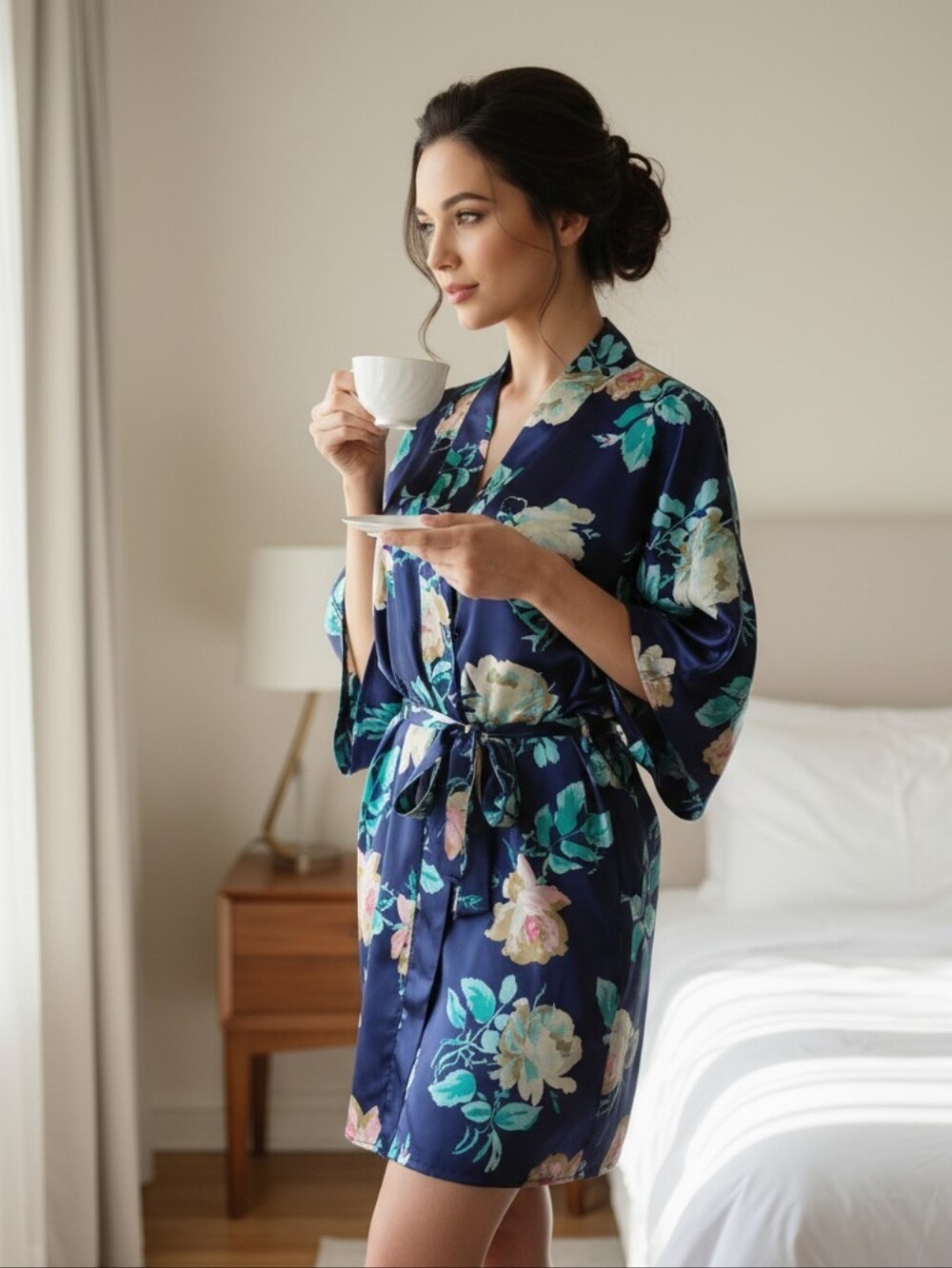 Kathryn Floral Satin Kimono Robe with Tying Belt - Navy Size Medium
